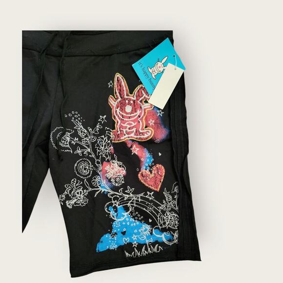 Its Happy Bunny Shorts Juniors Sz L Black Bunny Design Y2K VTG Frayed Drawstring - Picture 3 of 6